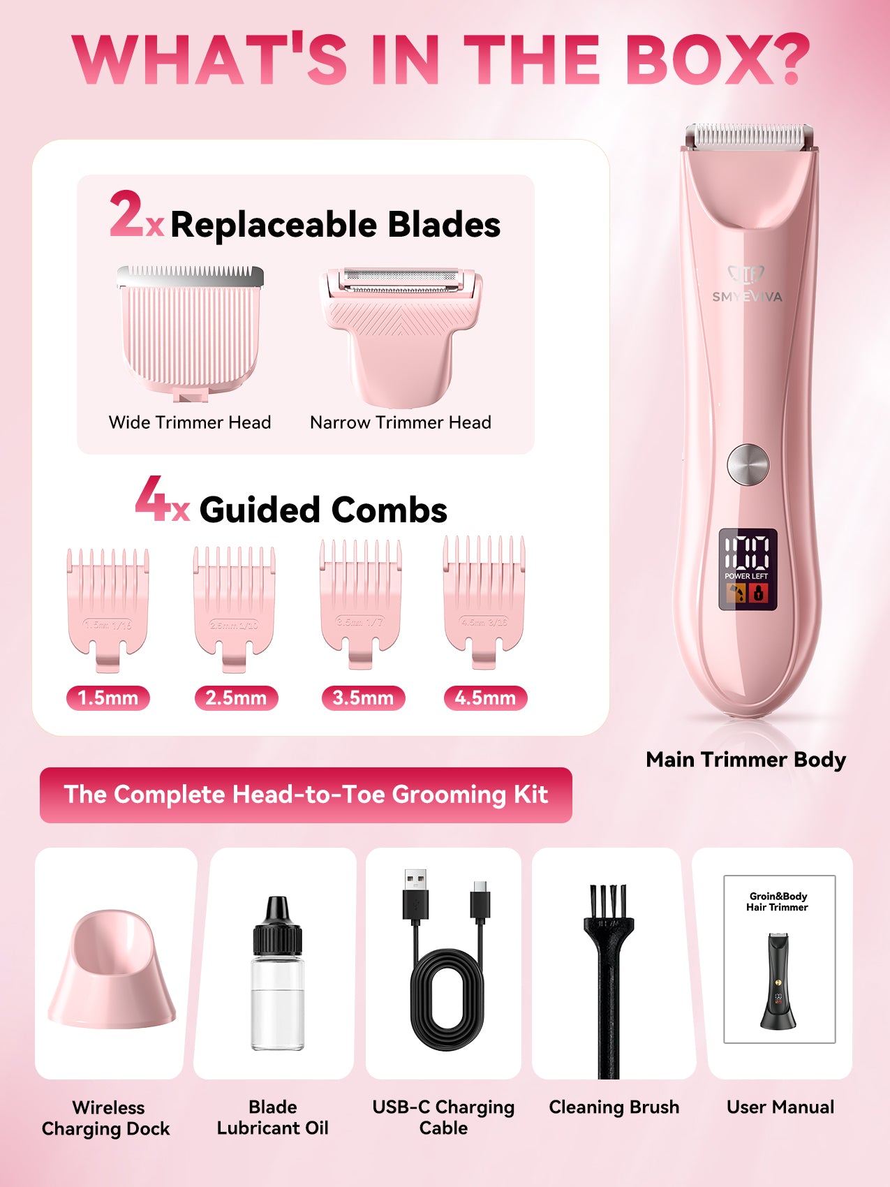 Smyeviva Electric Razors for Women Groin Hair Trimmer IPX7 Dual-Head Razor with LCD Display Ceramic Blade Ball Shaver Clipper Body Grooming Kit (Pink)