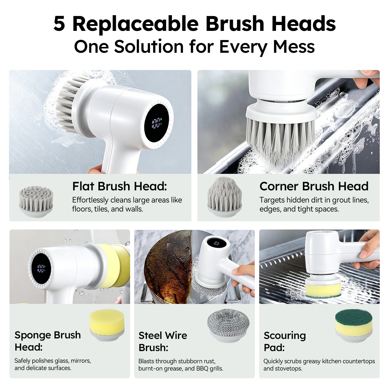 Smyeviva Electric Spin Scrubber Cordless Power Scrubber with 5 Replaceable Brush Heads LCD Shower Cleaning Brush for Bathroom Car White