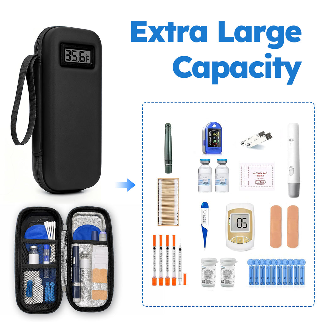 Smyeviva Insulin Cooler Travel Case Temperature Display with 2 TSA Approved Ice Packs Insulin Pen Cooler Case for Diabetic Insulin and Peptide Medication Cases (Black)