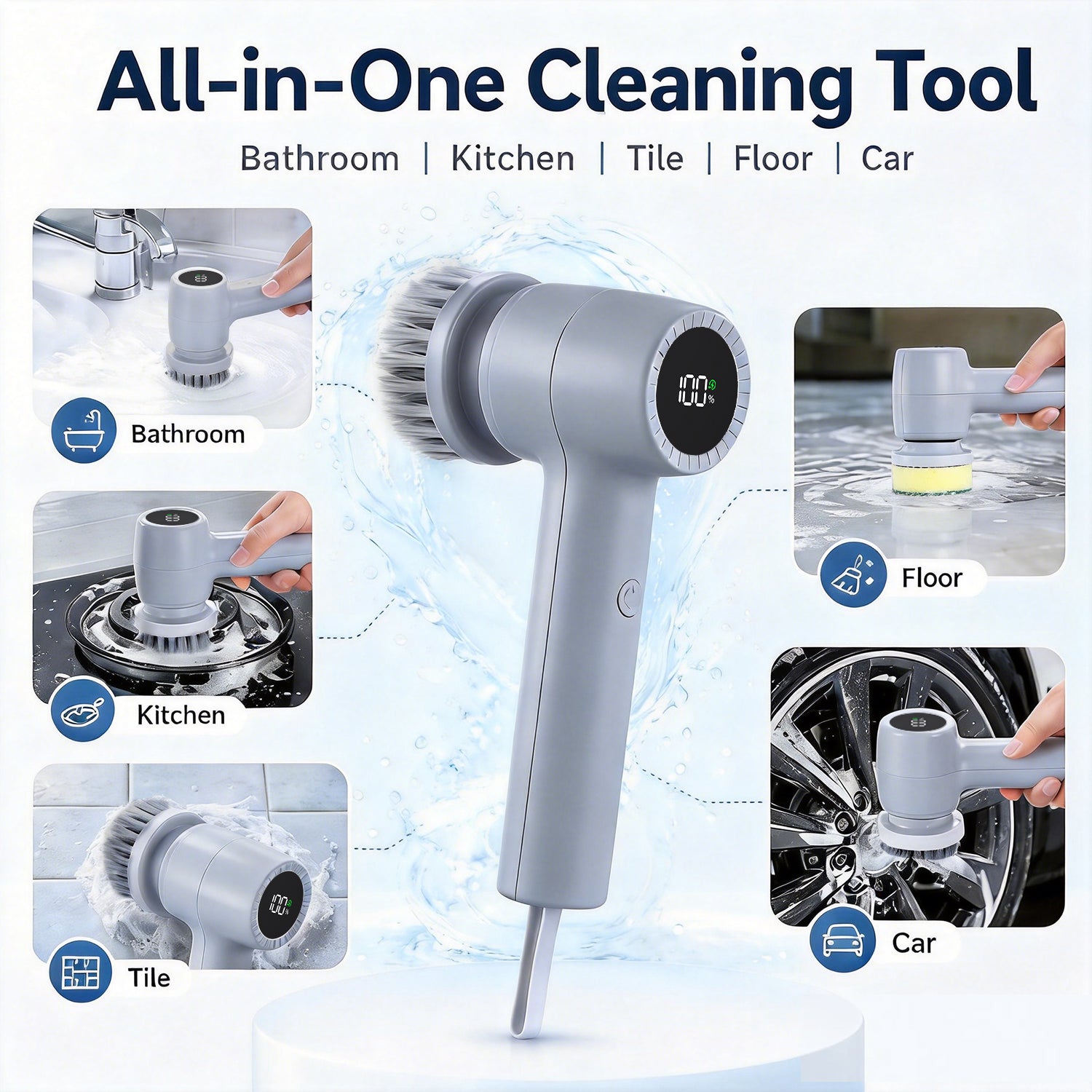 Smyeviva Electric Spin Scrubber Cordless Power Scrubber with 5 Replaceable Brush Heads LCD Shower Cleaning Brush for Bathroom Car Gray