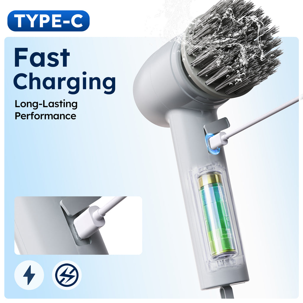 Smyeviva Electric Spin Scrubber Cordless Power Scrubber with 5 Replaceable Brush Heads LCD Shower Cleaning Brush for Bathroom Car Gray