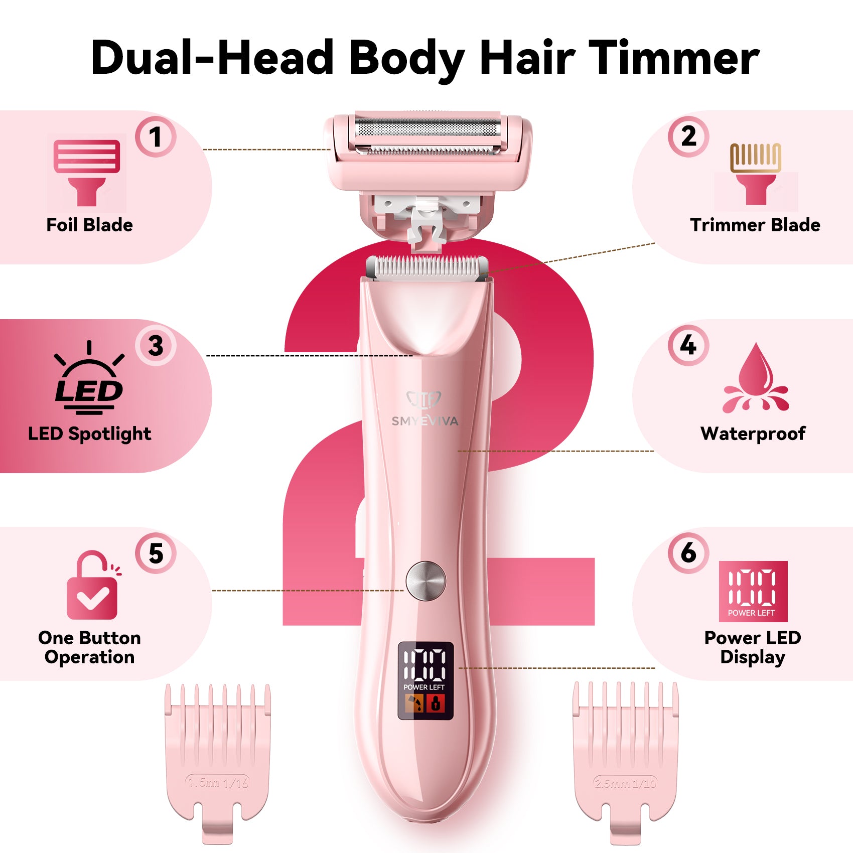 Smyeviva Electric Razors for Women Groin Hair Trimmer IPX7 Dual-Head Razor with LCD Display Ceramic Blade Ball Shaver Clipper Body Grooming Kit (Pink)