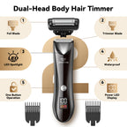 Smyeviva Electric Body Trimmer for Men Groin Hair Trimmer IPX7 Dual-Head Razor with LCD Display Ceramic Blade Ball Shaver Clipper Body Grooming Kit