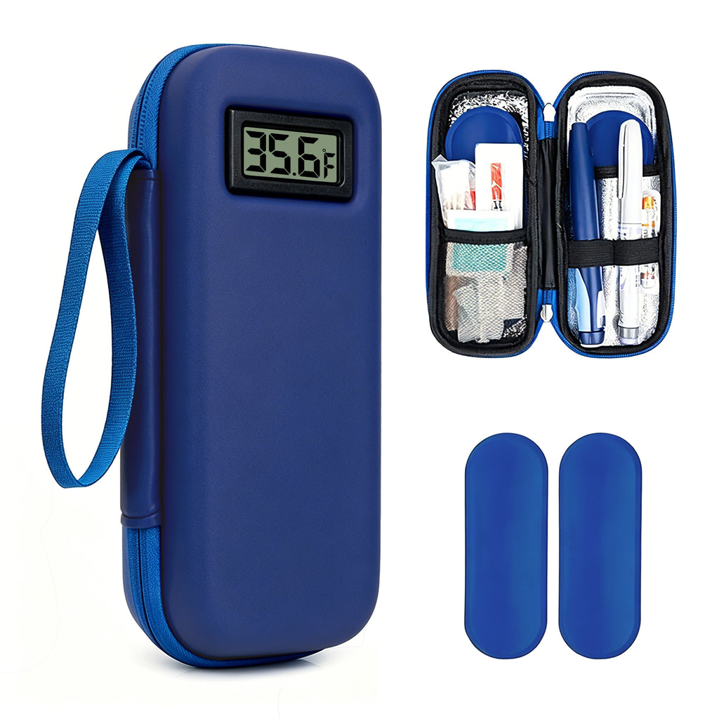 Smyeviva Insulin Cooler Travel Case Temperature Display with 2 TSA Approved Ice Packs Insulin Pen Cooler Case for Diabetic Insulin and Peptide Medication Cases (Blue)
