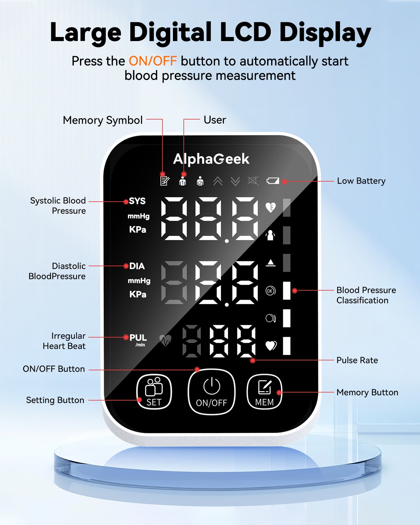 AlphaGeek Blood Pressure Monitor, Upper Arm Blood Pressure Machine for Home Use, Adjustable BP Cuff 8.6"-16.5", FDA Approved, Two Power Supply, Large LCD Display for 2 Users