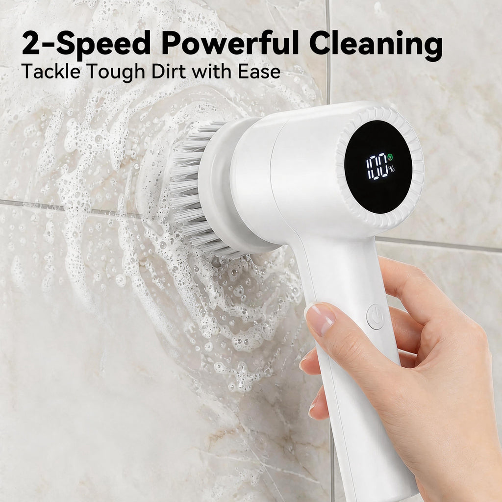Smyeviva Electric Spin Scrubber Cordless Power Scrubber with 5 Replaceable Brush Heads LCD Shower Cleaning Brush for Bathroom Car White