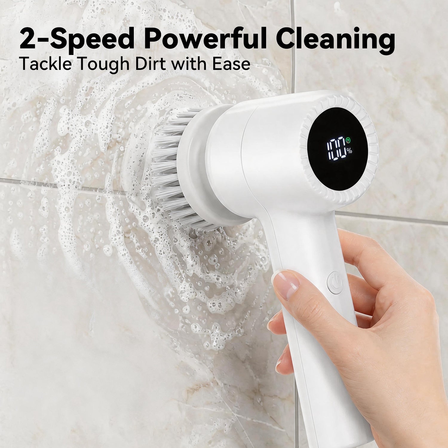 Smyeviva Electric Spin Scrubber Cordless Power Scrubber with 5 Replaceable Brush Heads LCD Shower Cleaning Brush for Bathroom Car White