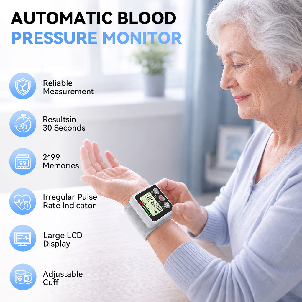 AlphaGeek Wrist Blood Pressure Monitors Portable Wrist Digital BP Machine Cuff with LED Backlit Display for Dual Users BP Monitor for Home Travel