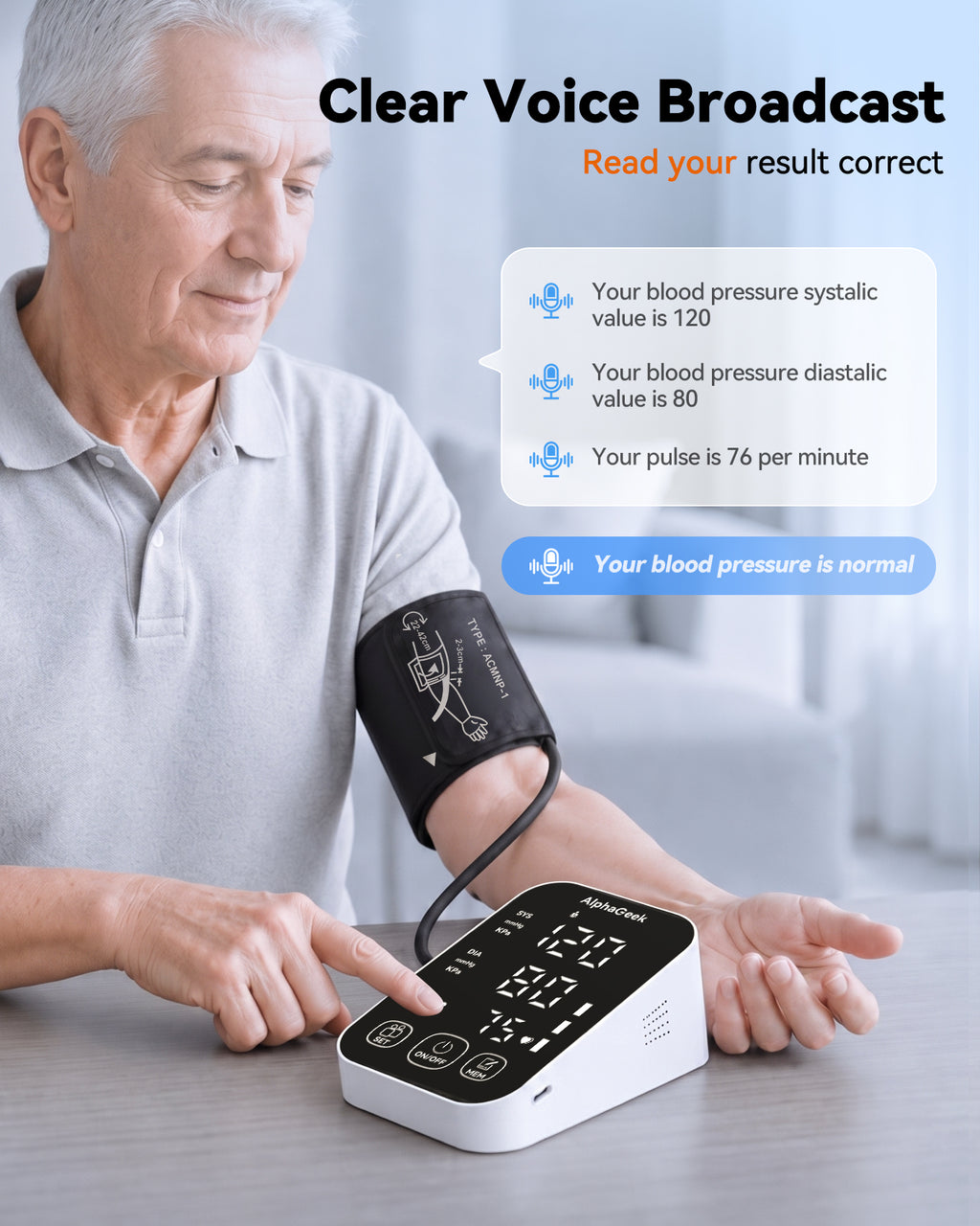 AlphaGeek Blood Pressure Monitor, Upper Arm Blood Pressure Machine for Home Use, Adjustable BP Cuff 8.6"-16.5", FDA Approved, Two Power Supply, Large LCD Display for 2 Users