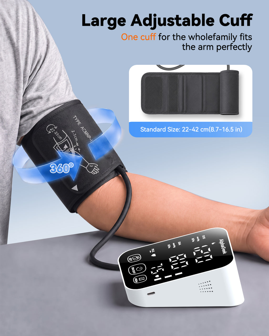 AlphaGeek Blood Pressure Monitor, Upper Arm Blood Pressure Machine for Home Use, Adjustable BP Cuff 8.6"-16.5", FDA Approved, Two Power Supply, Large LCD Display for 2 Users
