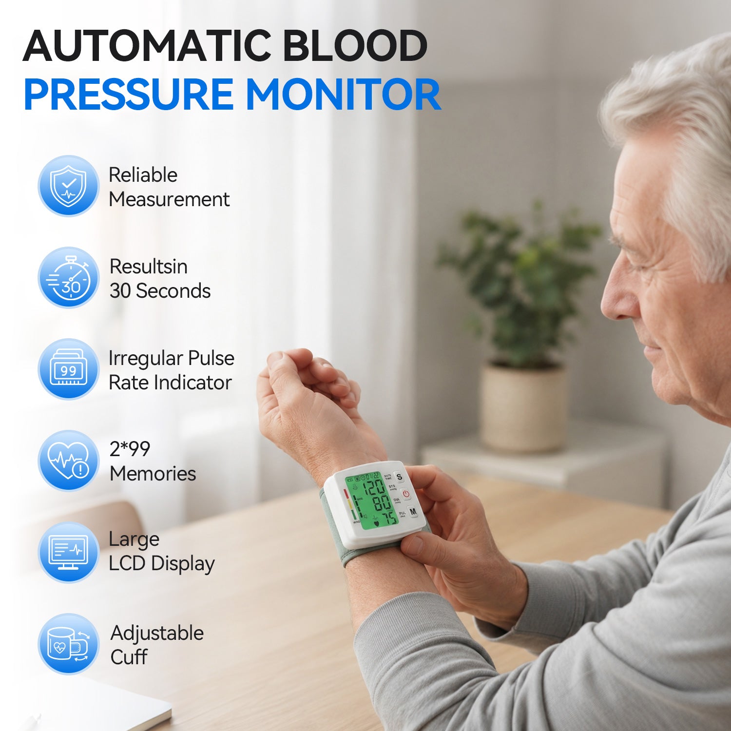 Smyeviva Wrist Blood Pressure Monitors for Home Use Rechargeable Digital BP Machine Cuff with LED Backlit Display and Voice Broadcast
