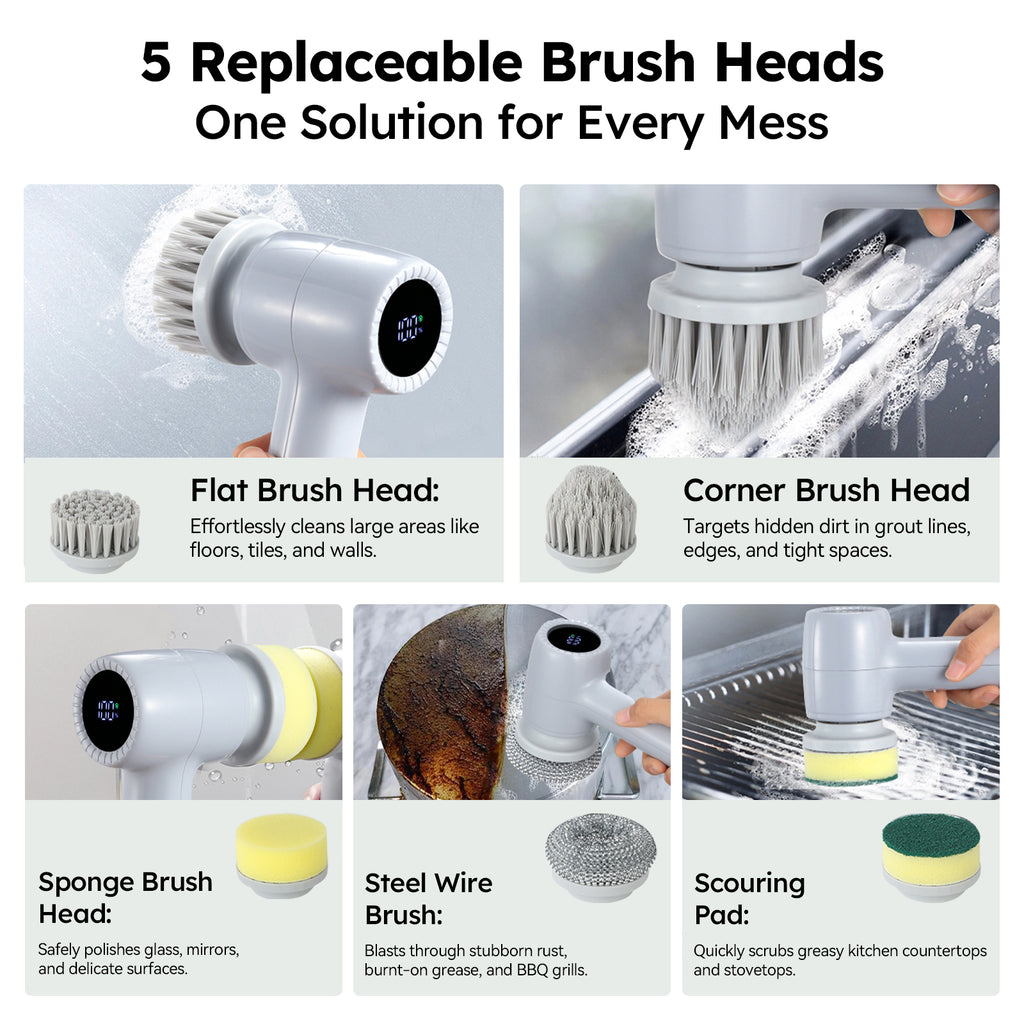 Smyeviva Electric Spin Scrubber Cordless Power Scrubber with 5 Replaceable Brush Heads LCD Shower Cleaning Brush for Bathroom Car Gray