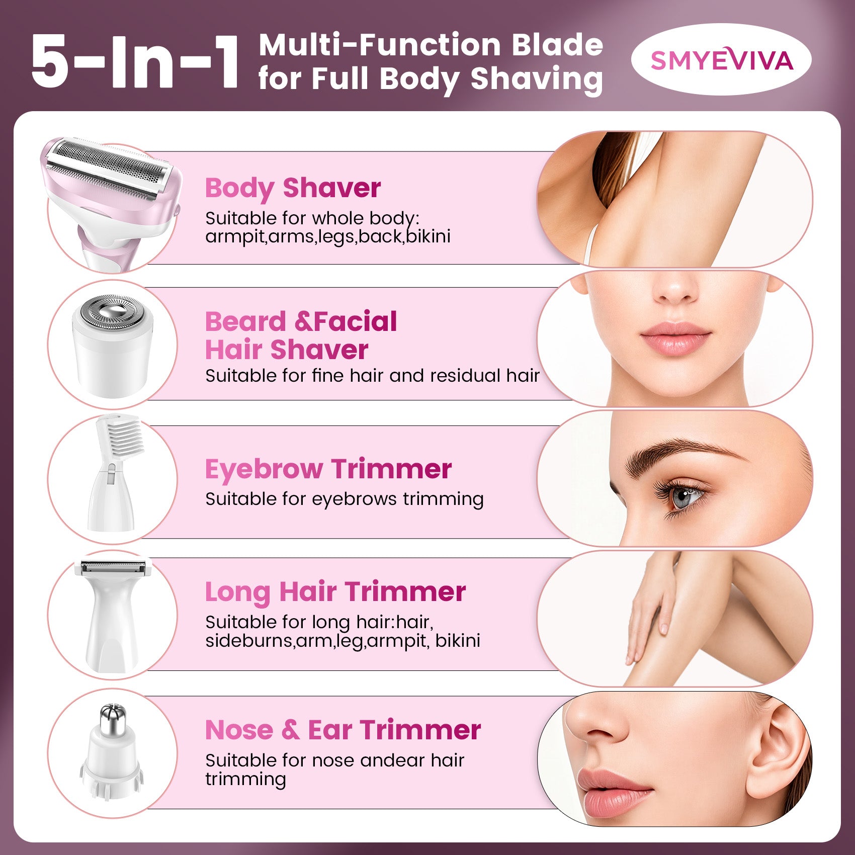 smyeviva 5 in 1 electric razor for women electric bikini trimmer rechargeable cordless painless shaver for women