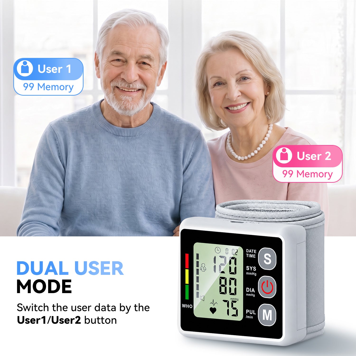 AlphaGeek Wrist Blood Pressure Monitors Portable Wrist Digital BP Machine Cuff with LED Backlit Display for Dual Users BP Monitor for Home Travel
