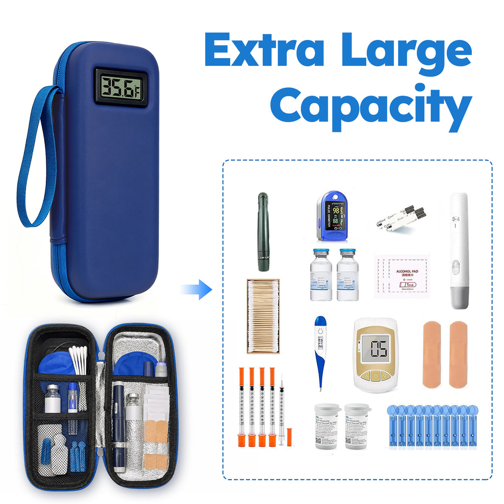 Smyeviva Insulin Cooler Travel Case Temperature Display with 2 TSA Approved Ice Packs Insulin Pen Cooler Case for Diabetic Insulin and Peptide Medication Cases (Blue)