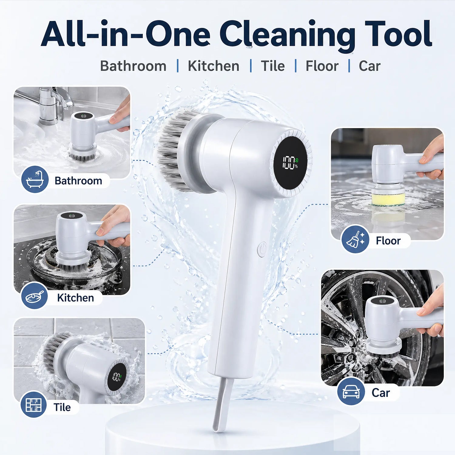 Smyeviva Electric Spin Scrubber Cordless Power Scrubber with 5 Replaceable Brush Heads LCD Shower Cleaning Brush for Bathroom Car White