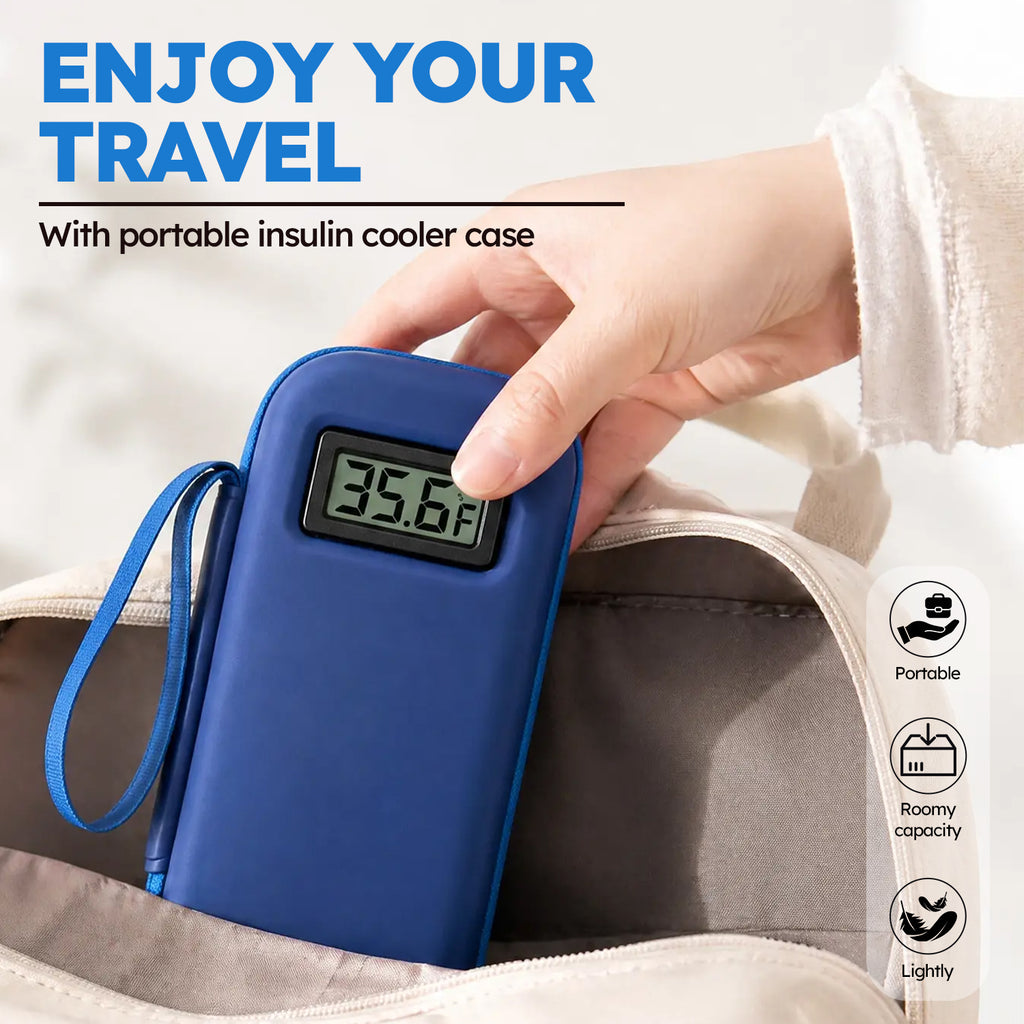 Smyeviva Insulin Cooler Travel Case Temperature Display with 2 TSA Approved Ice Packs Insulin Pen Cooler Case for Diabetic Insulin and Peptide Medication Cases (Blue)