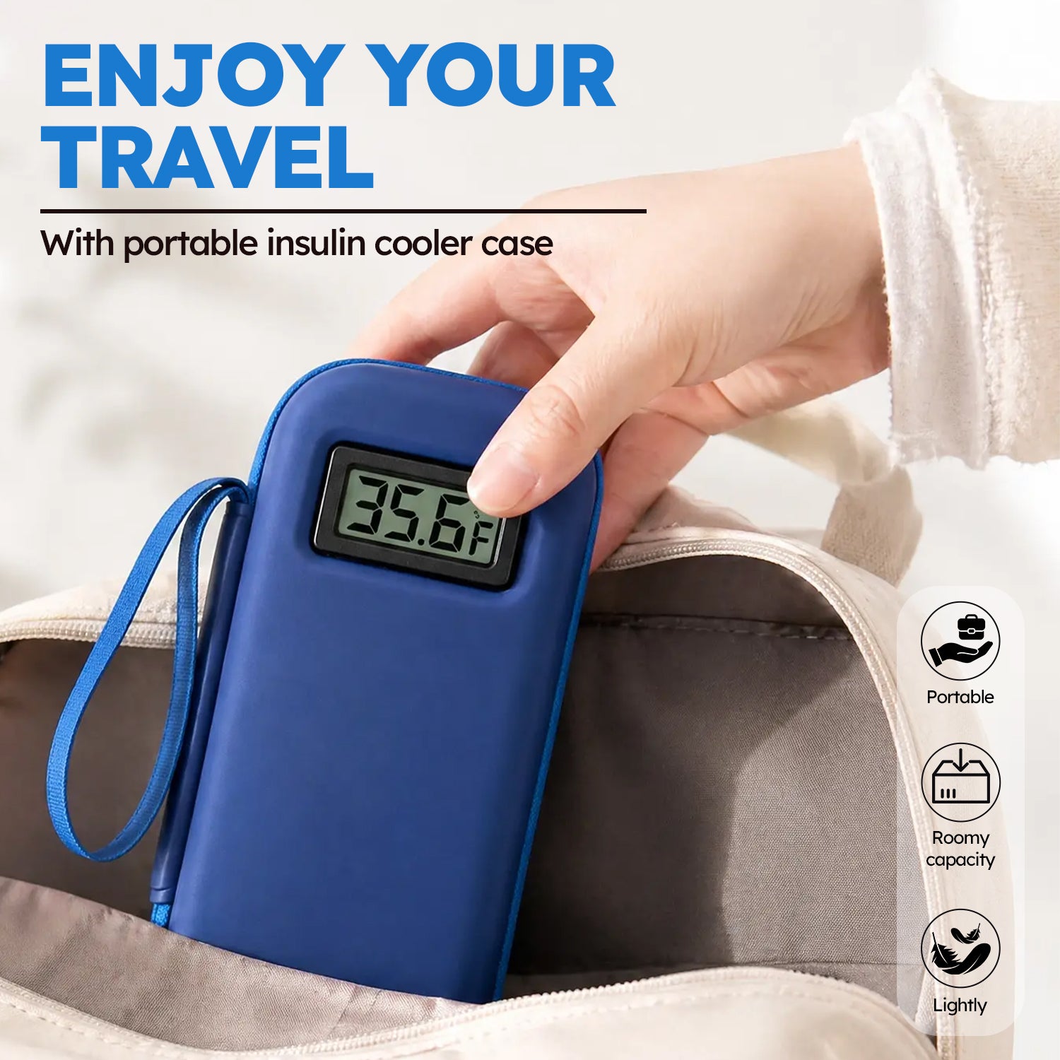 Smyeviva Insulin Cooler Travel Case Temperature Display with 2 TSA Approved Ice Packs Insulin Pen Cooler Case for Diabetic Insulin and Peptide Medication Cases (Blue)