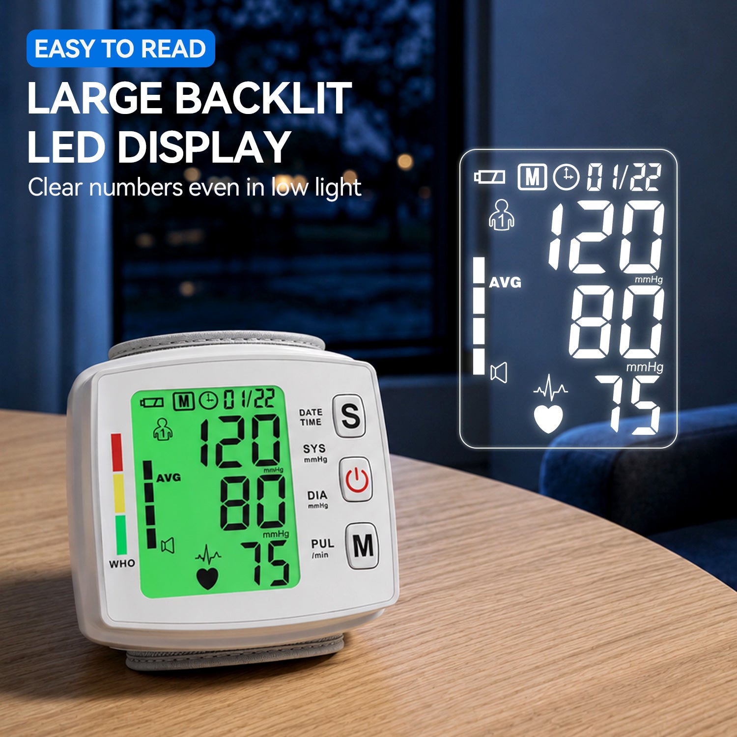 Smyeviva Wrist Blood Pressure Monitors for Home Use Rechargeable Digital BP Machine Cuff with LED Backlit Display and Voice Broadcast