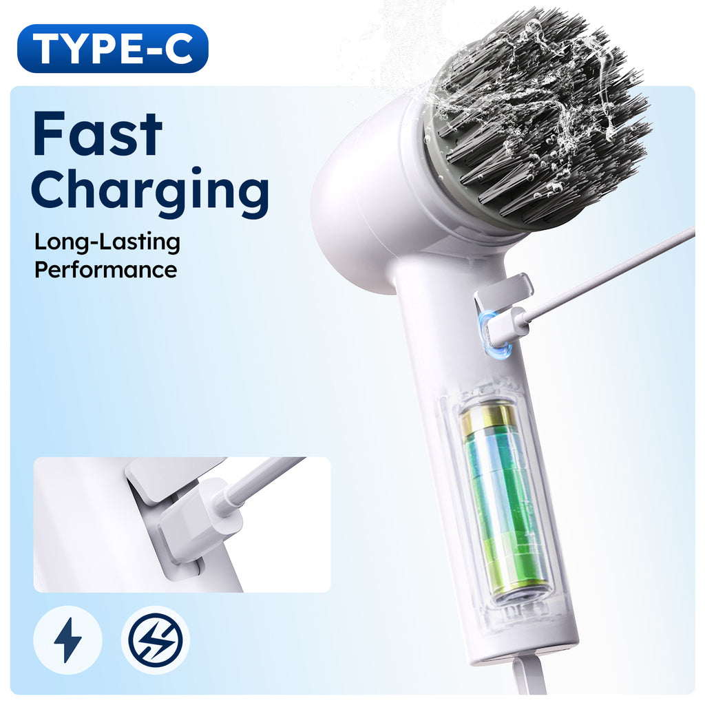 Smyeviva Electric Spin Scrubber Cordless Power Scrubber with 5 Replaceable Brush Heads LCD Shower Cleaning Brush for Bathroom Car White