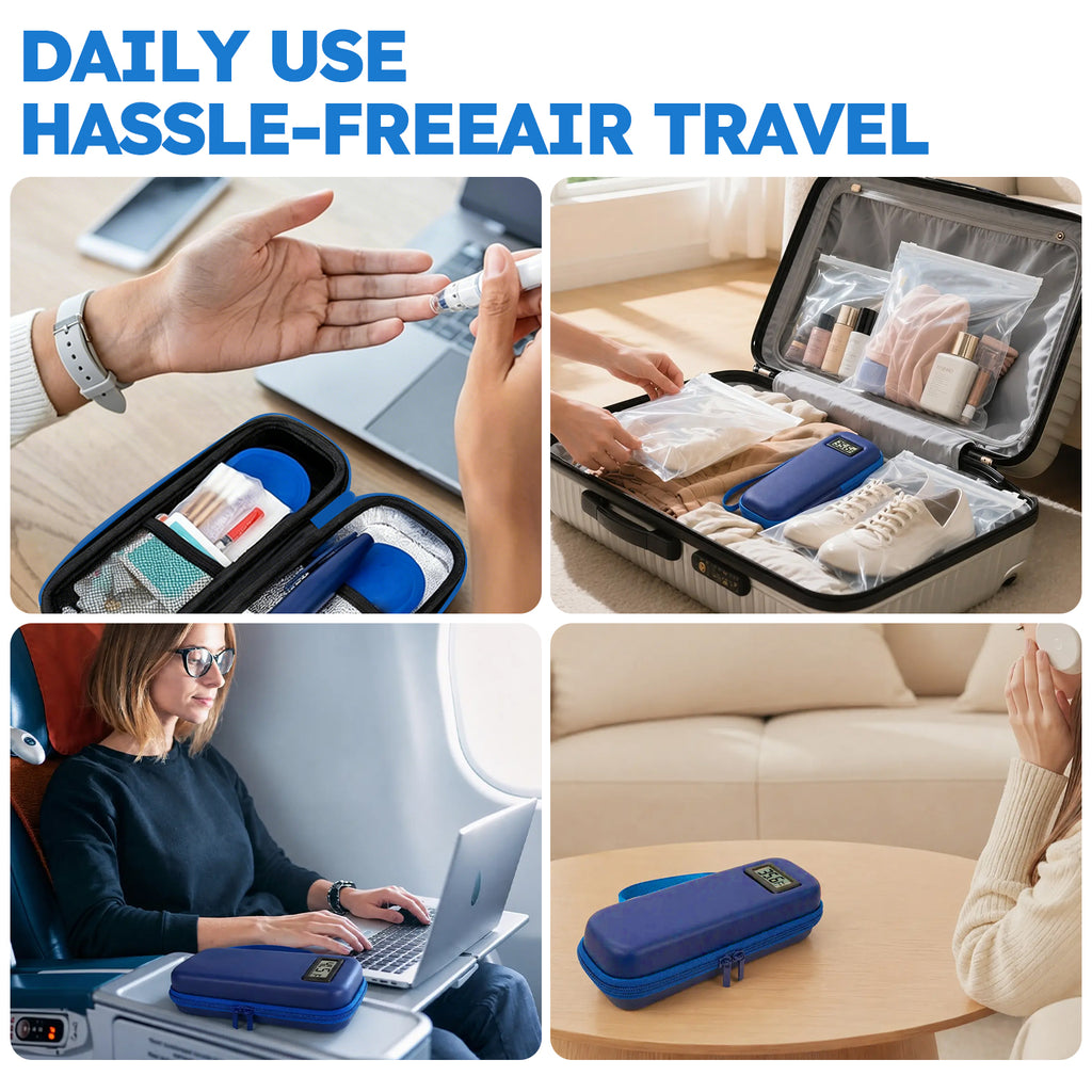 Smyeviva Insulin Cooler Travel Case Temperature Display with 2 TSA Approved Ice Packs Insulin Pen Cooler Case for Diabetic Insulin and Peptide Medication Cases (Blue)