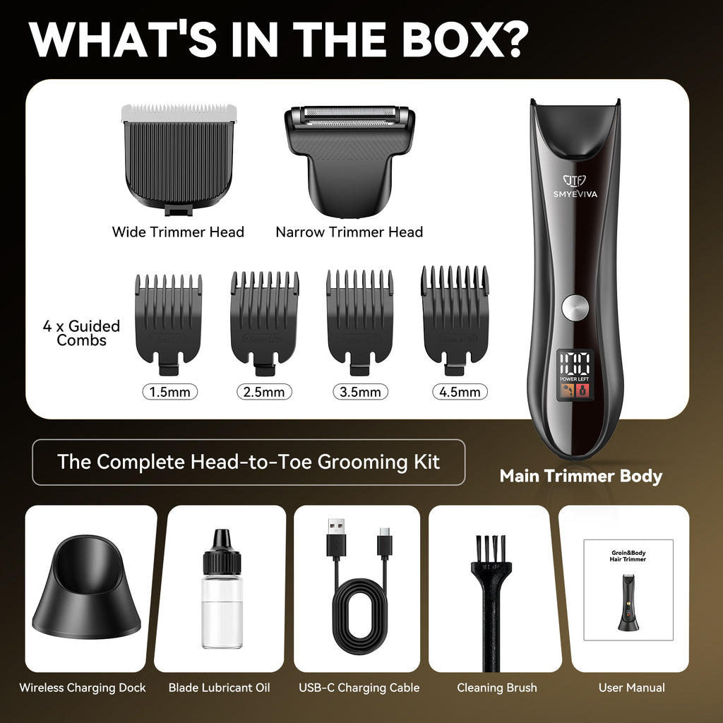 Smyeviva Electric Body Trimmer for Men Groin Hair Trimmer IPX7 Dual-Head Razor with LCD Display Ceramic Blade Ball Shaver Clipper Body Grooming Kit