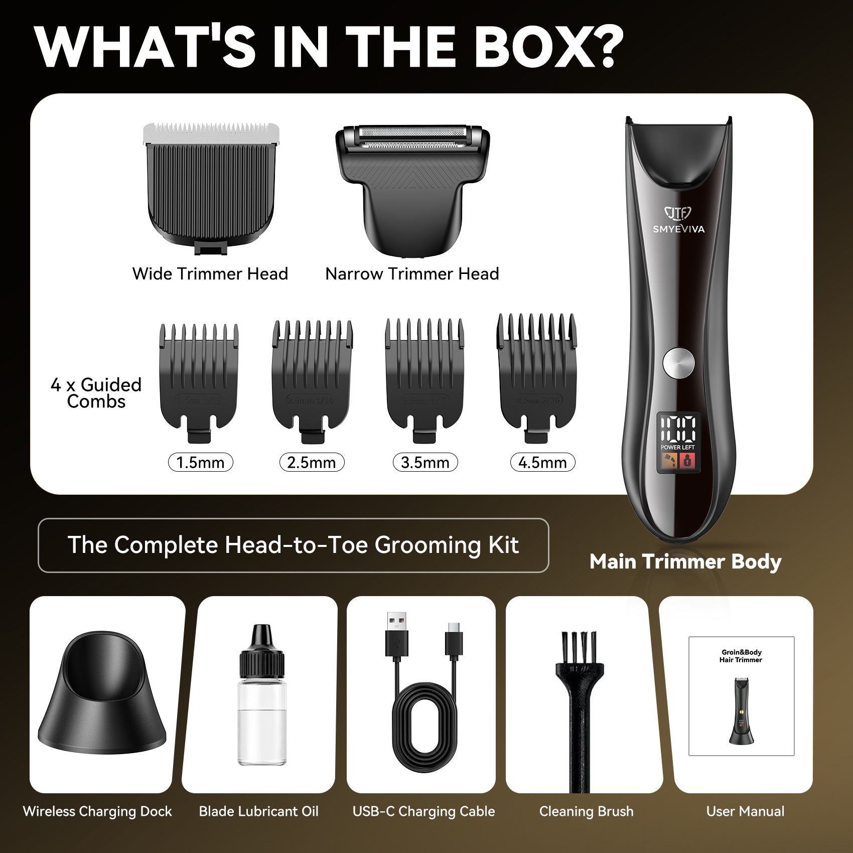 Smyeviva Electric Body Trimmer for Men Groin Hair Trimmer IPX7 Dual-Head Razor with LCD Display Ceramic Blade Ball Shaver Clipper Body Grooming Kit
