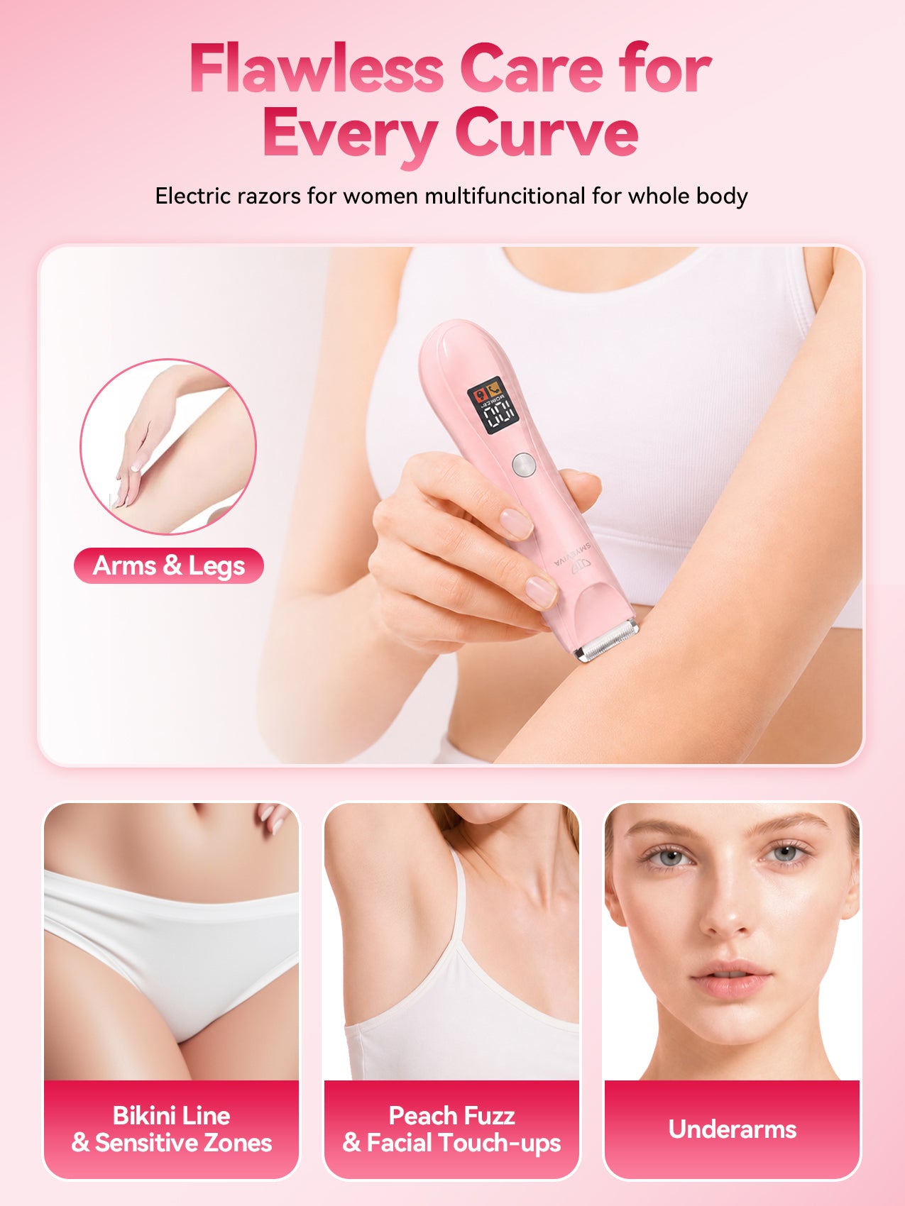 Smyeviva Electric Razors for Women Groin Hair Trimmer IPX7 Dual-Head Razor with LCD Display Ceramic Blade Ball Shaver Clipper Body Grooming Kit (Pink)